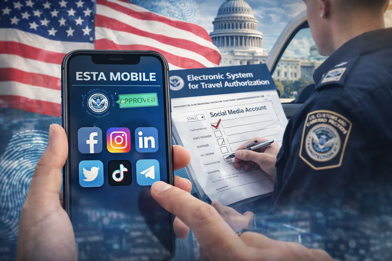 Illustration d’un smartphone affichant “ESTA Mobile” avec des icônes de réseaux sociaux, à côté d’un formulaire mentionnant “Social Media Account”, sur fond de drapeau américain et d’un agent des douanes.