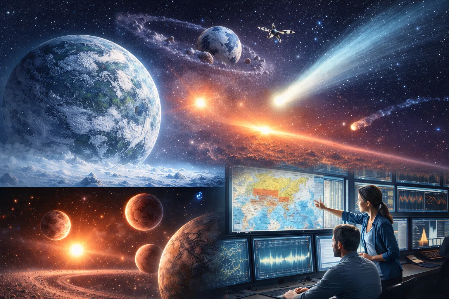 Montage illustré : une exoplanète glacée près d’une étoile orangée, une comète filant vers le Soleil, un système planétaire avec plusieurs mondes en orbite, et des sismologues analysant des signaux sur des écrans.