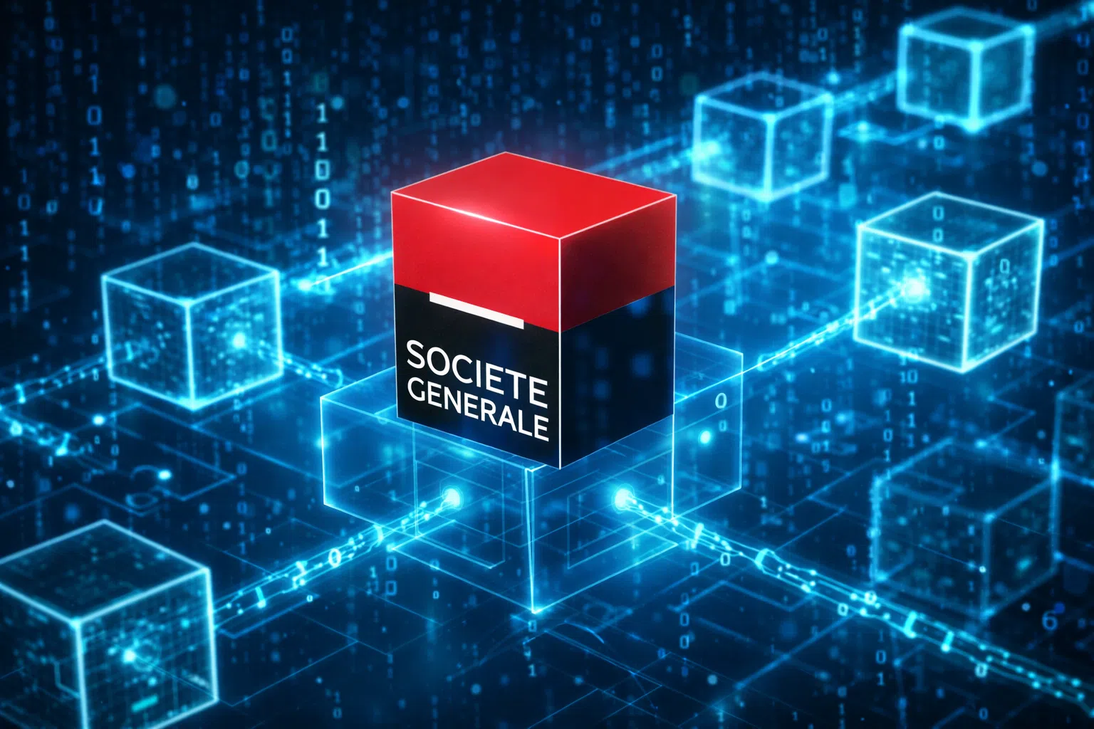 Logo de Société Générale représenté en cube rouge et noir, au-dessus d’un réseau de blocs et de nœuds lumineux symbolisant une blockchain.