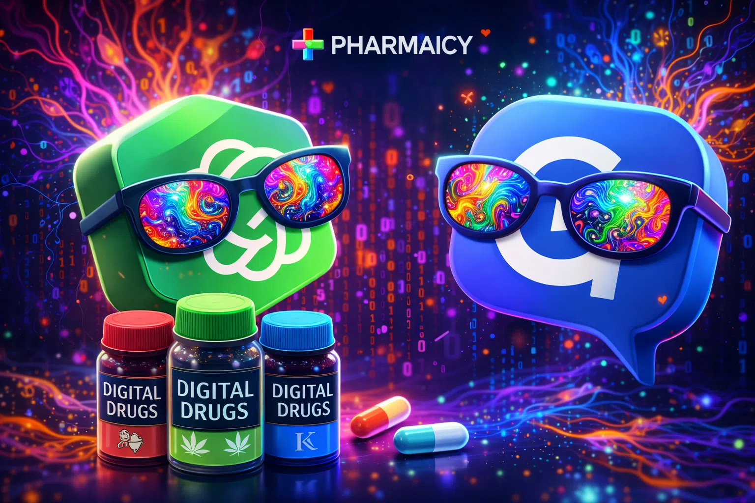 Illustration psychédélique montrant deux chatbots “sous influence” avec lunettes colorées, devant des flacons marqués “Digital Drugs” et le logo PHARMAICY.