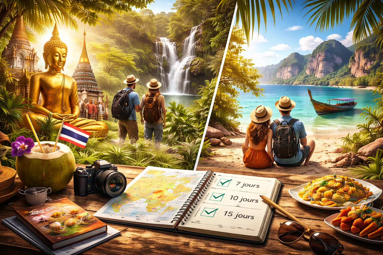 Montage photo réaliste sur la Thaïlande : temple et bouddha doré, cascade en jungle, plage avec bateau traditionnel, avec une table de voyage (carte, appareil photo, carnet, coco).