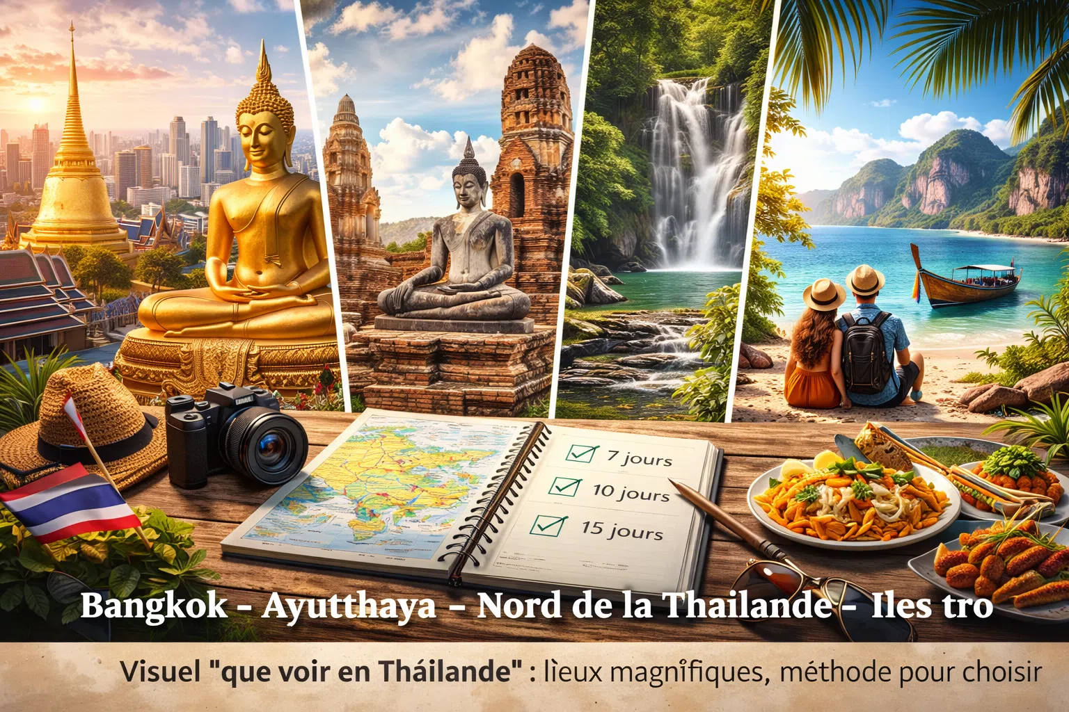 Montage d’images de Thaïlande : Bangkok et ses temples, ruines d’Ayutthaya, cascade en jungle, plage avec bateau traditionnel, avec une table de voyage (carte, appareil photo, carnet).