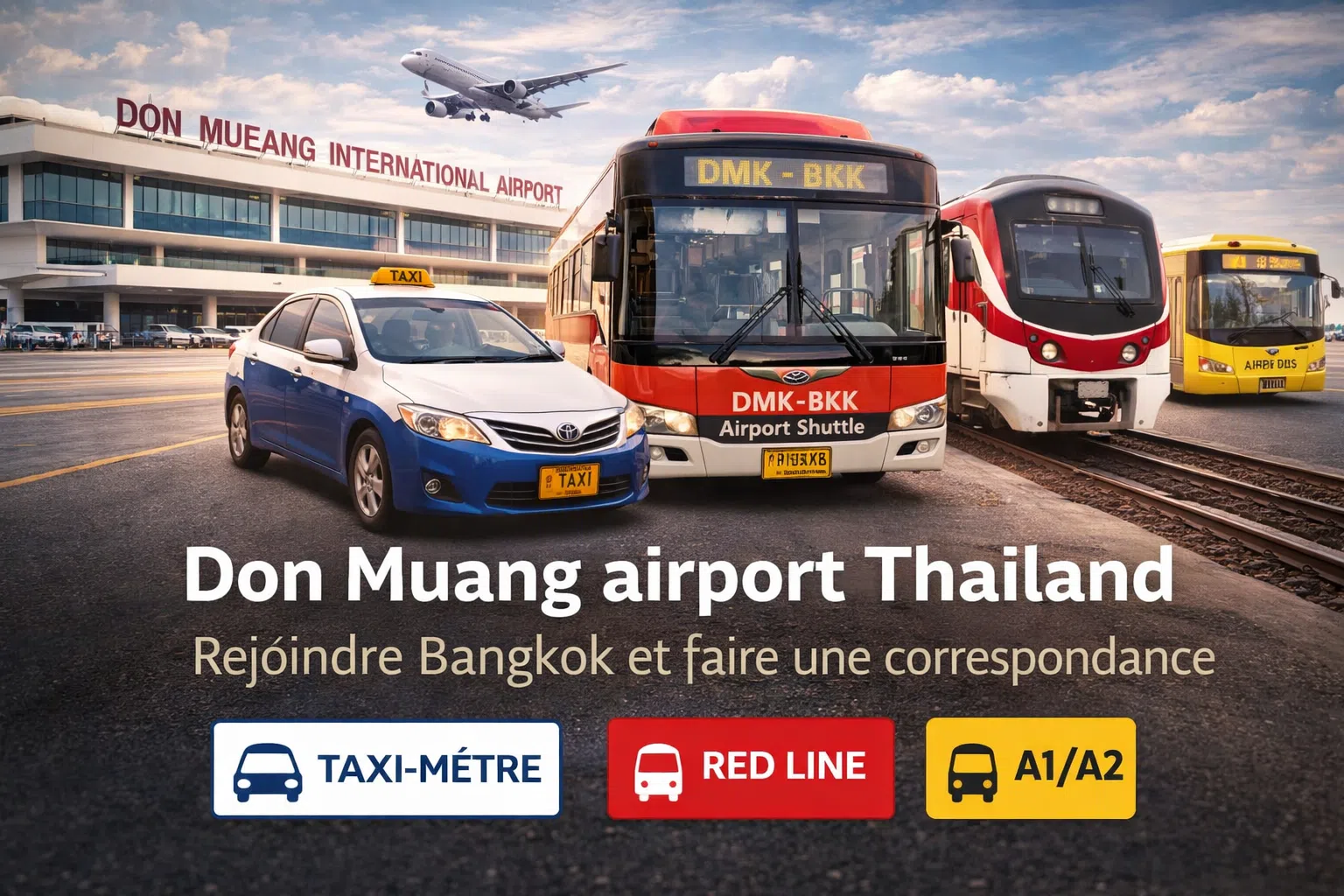 Visuel réaliste de l’aéroport Don Mueang (Bangkok) avec un taxi, une navette DMK–BKK, un train Red Line et un bus airport, devant le terminal.