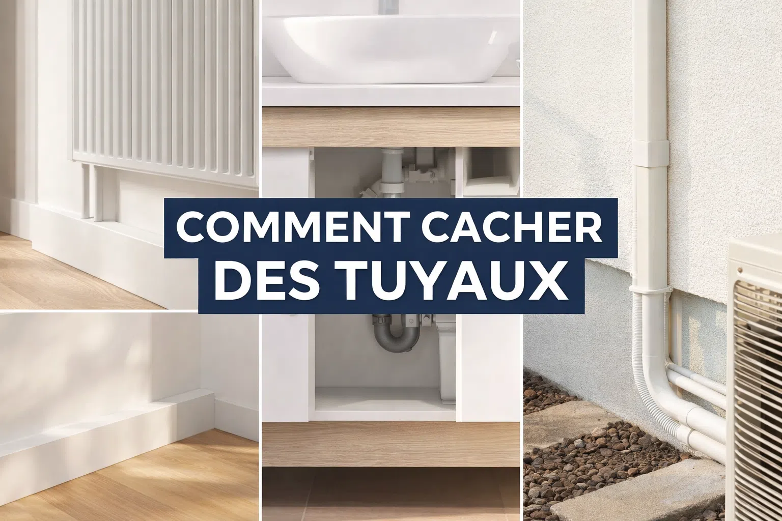 Montage montrant trois exemples pour cacher des tuyaux : coffrage près d’un radiateur, meuble sous lavabo qui masque la plomberie, et goulotte le long d’un mur extérieur pour des tuyaux de climatisation.