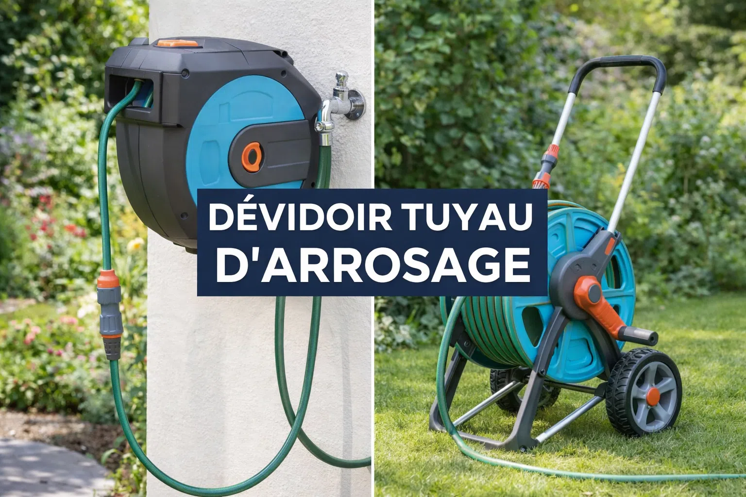 Comparatif de dévidoirs de tuyau d’arrosage : un modèle mural fixé près d’un robinet et un modèle sur chariot à roues dans un jardin.