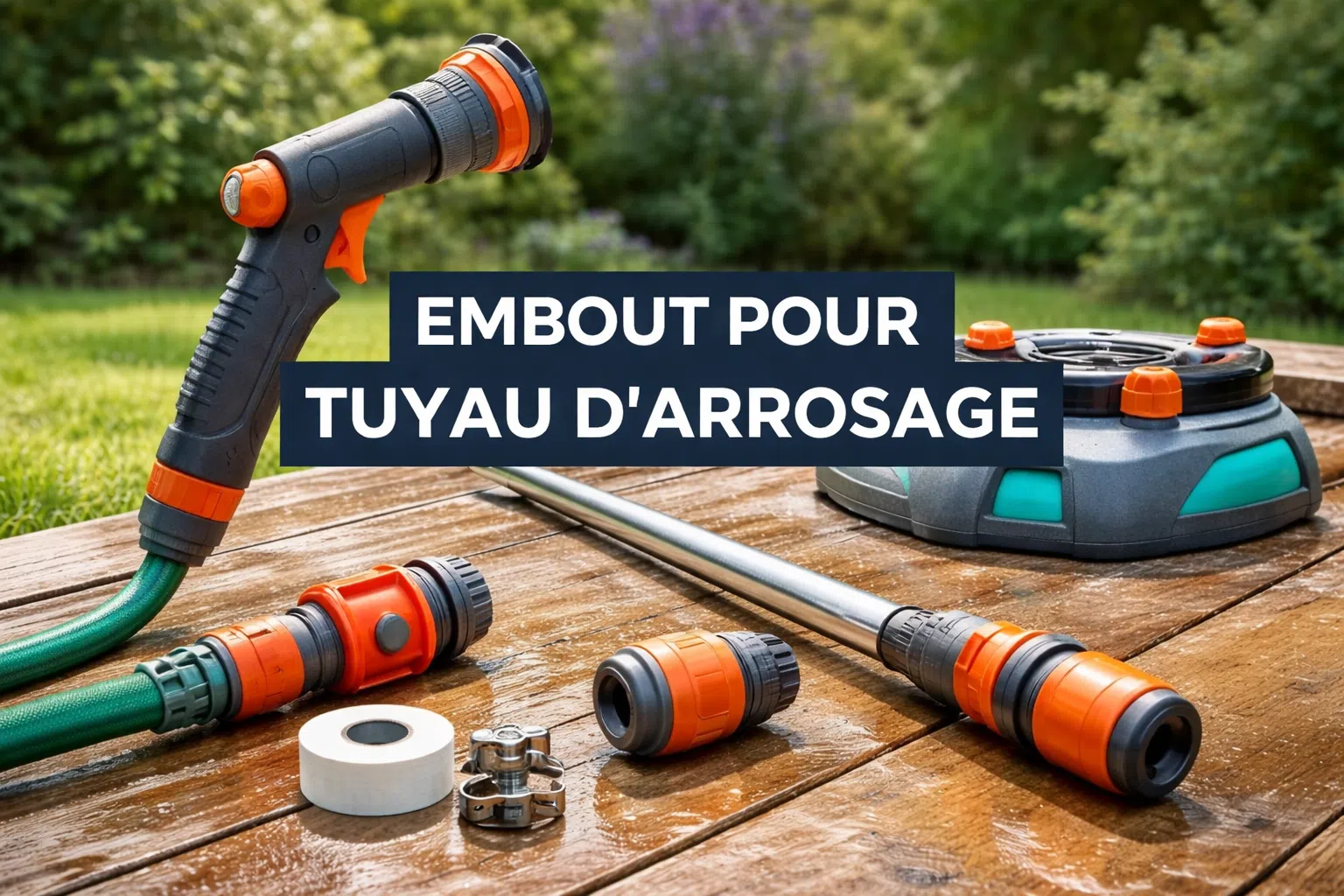 Accessoires d’arrosage posés sur une table en bois : embout pistolet, lance, raccords rapides et arroseur, avec un tuyau vert en arrière-plan.