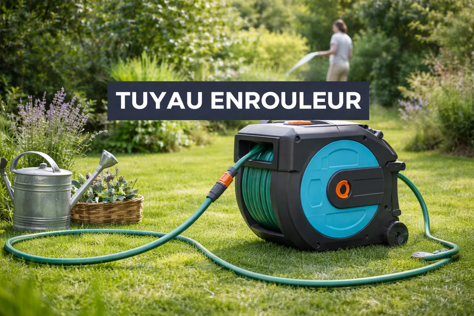 Enrouleur de tuyau d’arrosage automatique posé sur une pelouse, avec un tuyau vert déroulé au premier plan, des plantes et outils de jardinage à côté, et une personne qui arrose en arrière-plan flou.