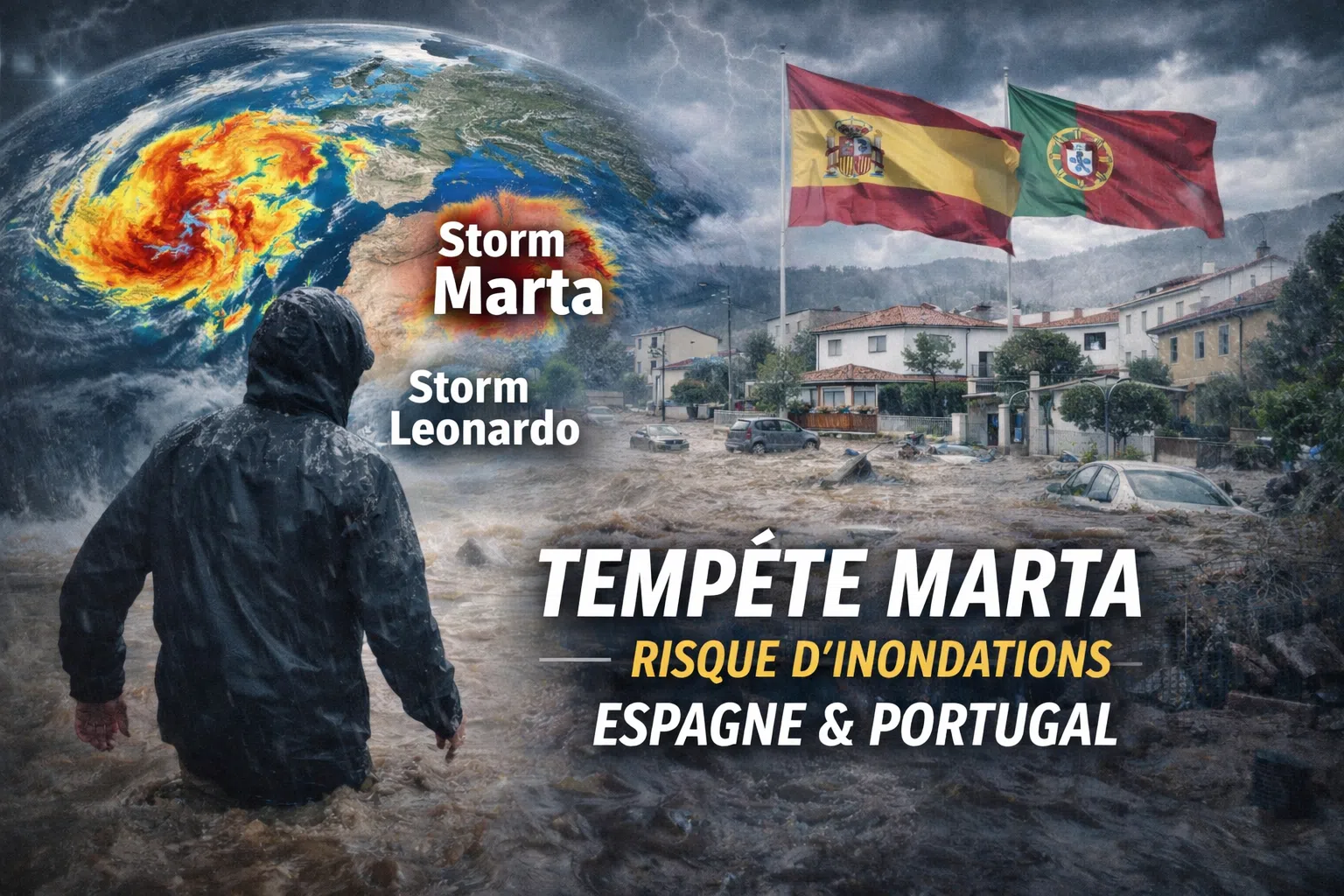 Inondations en péninsule ibérique : une personne traverse une rue submergée en Espagne/Portugal sous de fortes pluies, illustration de la tempête Marta.