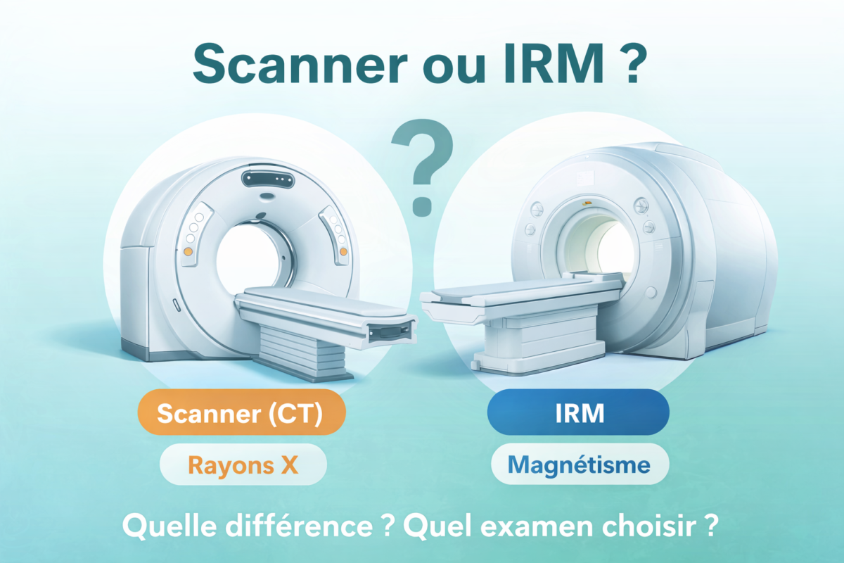 Scanner et IRM côte à côte, illustration comparant les deux examens d’imagerie médicale.