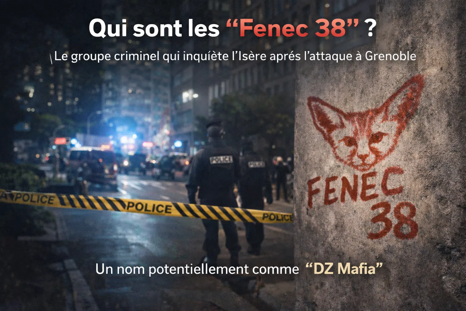 Image d’illustration d’une scène nocturne à Grenoble avec ruban de police et un graffiti « Fenec 38 » accompagné d’un dessin de fennec.