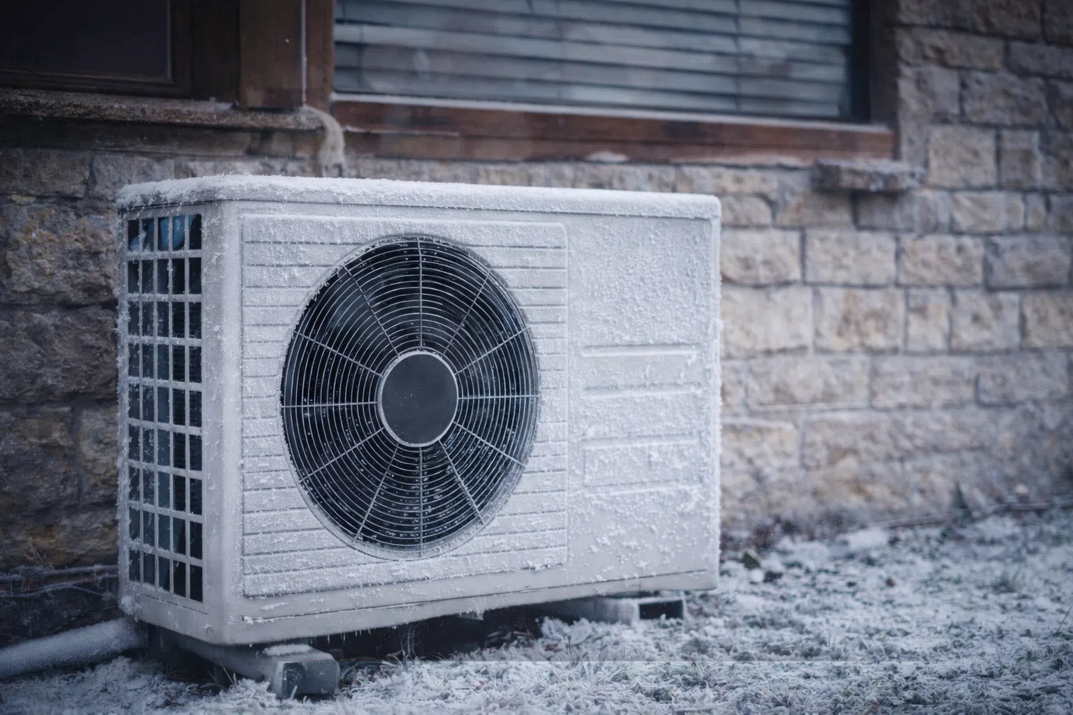 Pompe à chaleur extérieure couverte de givre, installée contre un mur en pierre par temps froid