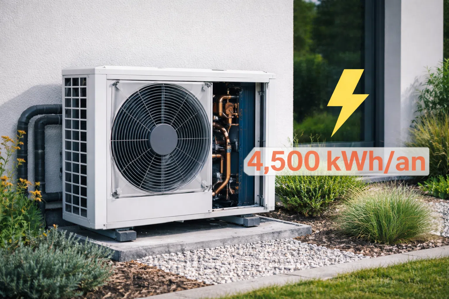 Pompe à chaleur air-eau installée devant une maison moderne, avec un pictogramme éclair et une indication de consommation annuelle en kWh.