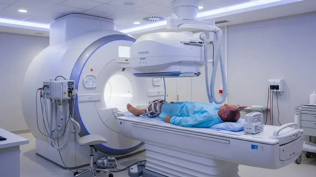 "Patient entrant dans une machine IRM pour examen d'imagerie par résonance magnétique en 2026"