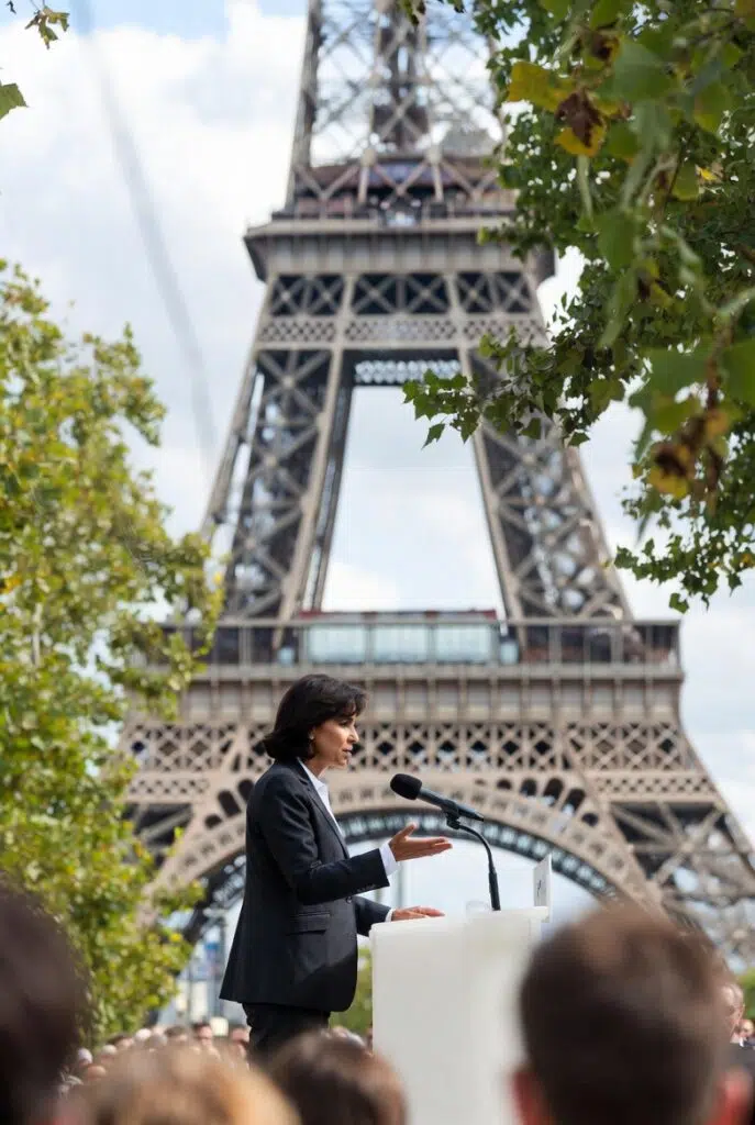 Rachida Dati s’exprimant lors d’un meeting de campagne pour les municipales à Paris 2026, devant la Tour Eiffel – février 2026