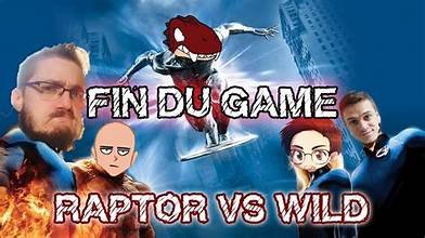 Thumbnail de la vidéo "Fin du Game - Raptor Vs Wild" : Le Raptor Dissident en mode super-héros raptor rouge contre Wild et d'autres influenceurs, fond ville en flammes, beef YouTube 2016 reupload