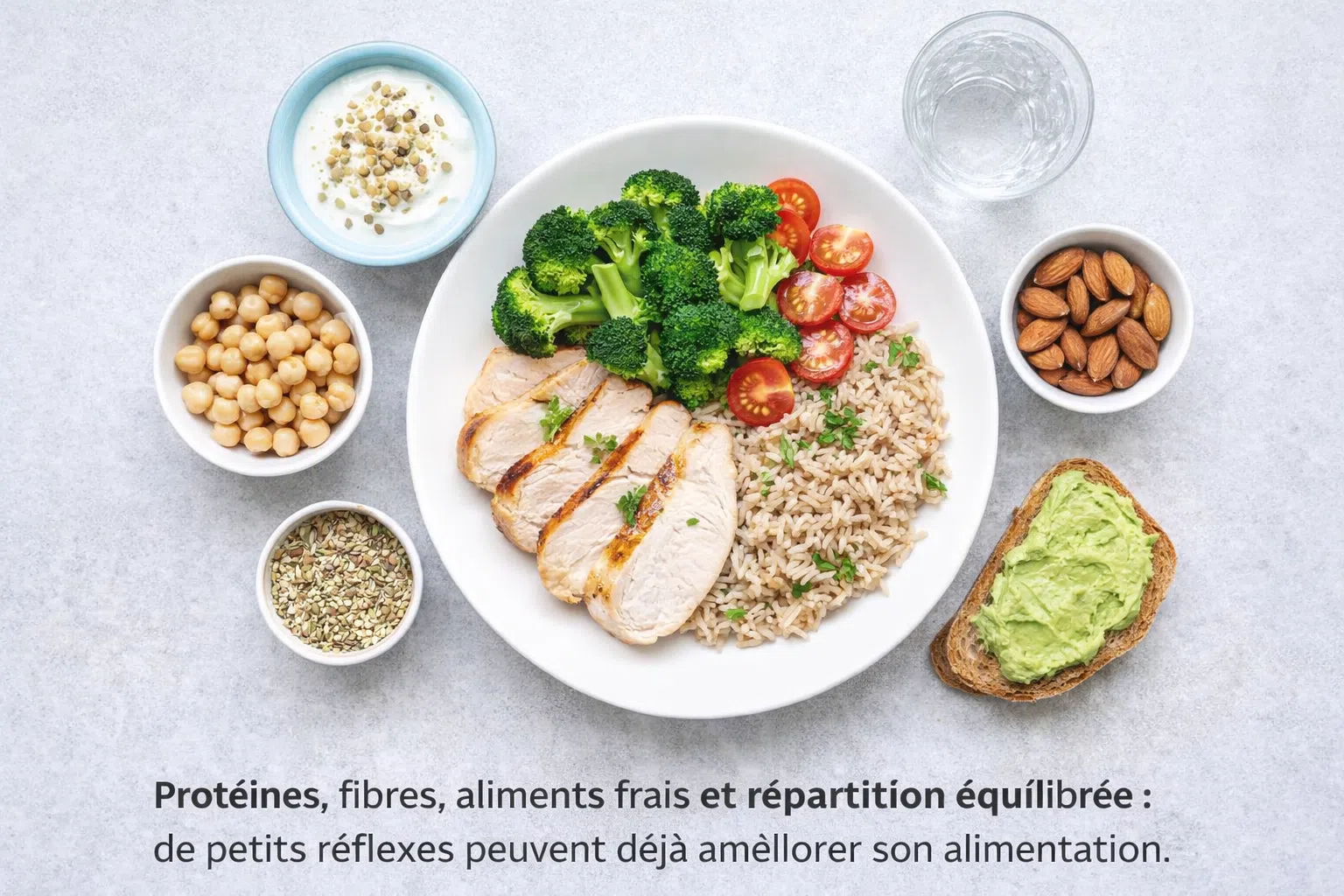 Vue de dessus d’une assiette équilibrée avec poulet, riz complet, brocolis et tomates, entourée d’aliments riches en protéines, fibres et bons lipides.