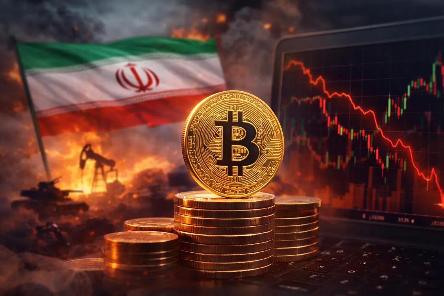 Illustration montrant un bitcoin au premier plan devant un graphique en baisse, avec le drapeau iranien et un décor de guerre en arrière-plan.