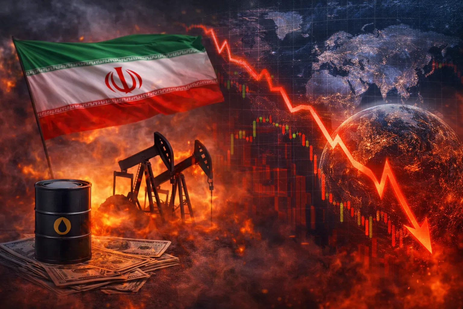 Illustration montrant le drapeau iranien, des pompes pétrolières, un baril de pétrole et un graphique en chute pour symboliser l’impact économique de la guerre.