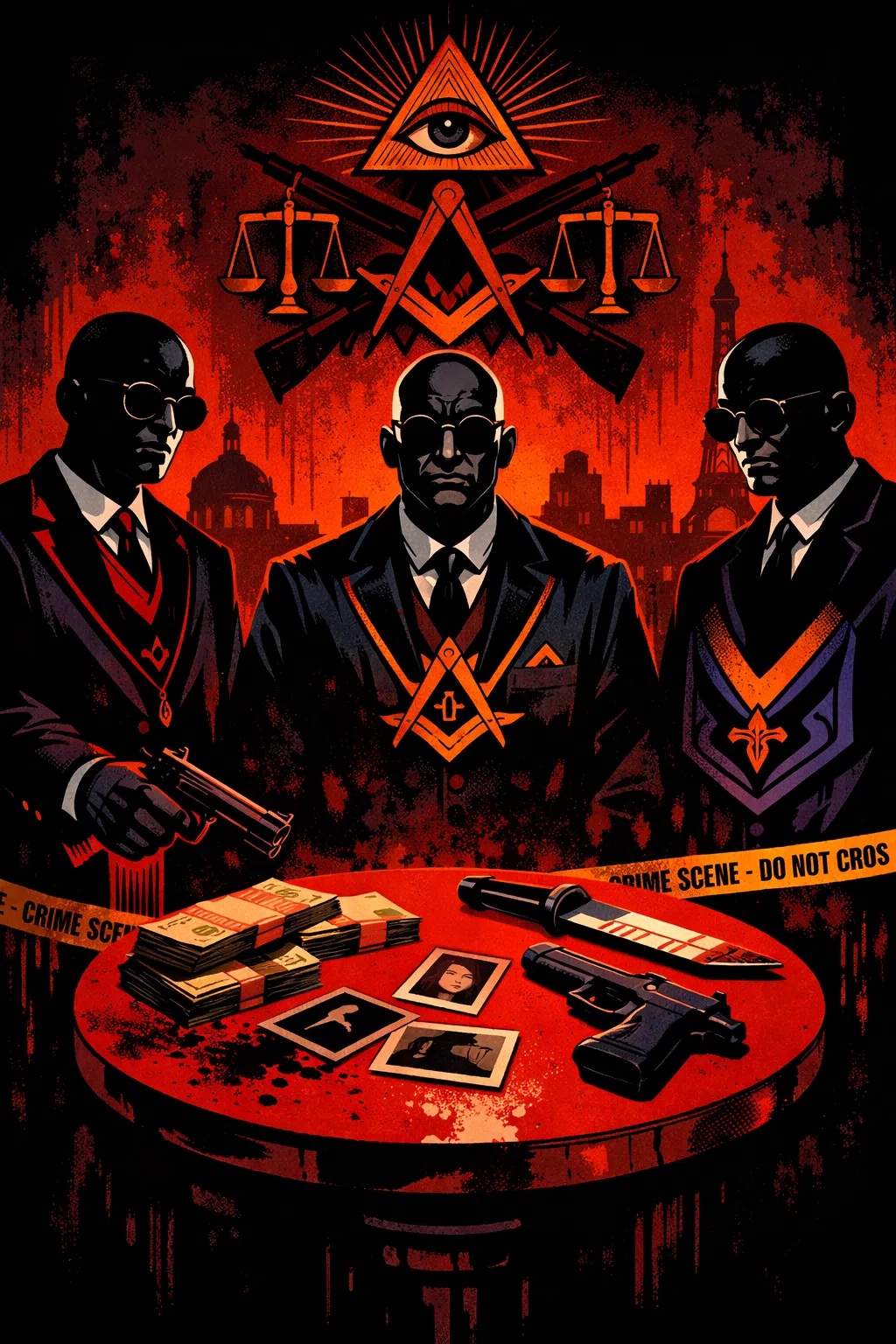Illustration sombre de trois hommes en tenue maçonnique autour d’une table rouge dans une ambiance criminelle