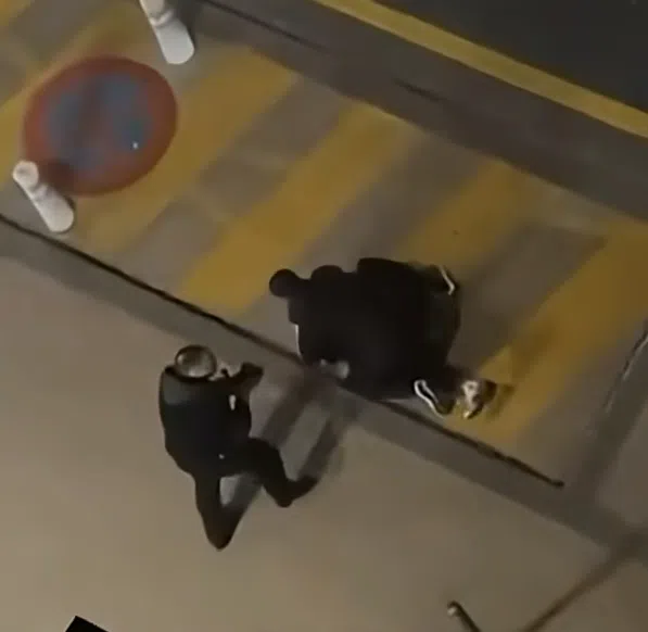 Vue en plongée d’une interpellation à Noisiel montrant un policier et un homme au sol sur un passage piéton.