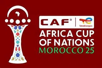 Visuel officiel de la CAN 2025 au Maroc avec le trophée et le logo de la CAF.
