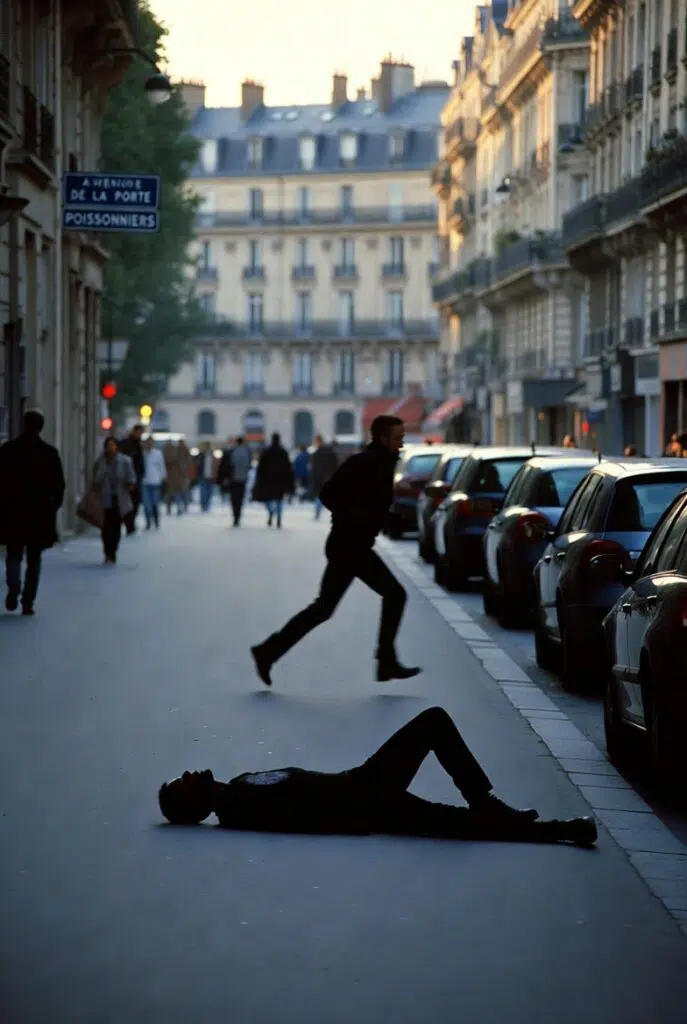 Silhouette d’un homme au sol dans une rue du nord de Paris, tandis qu’une autre personne prend la fuite