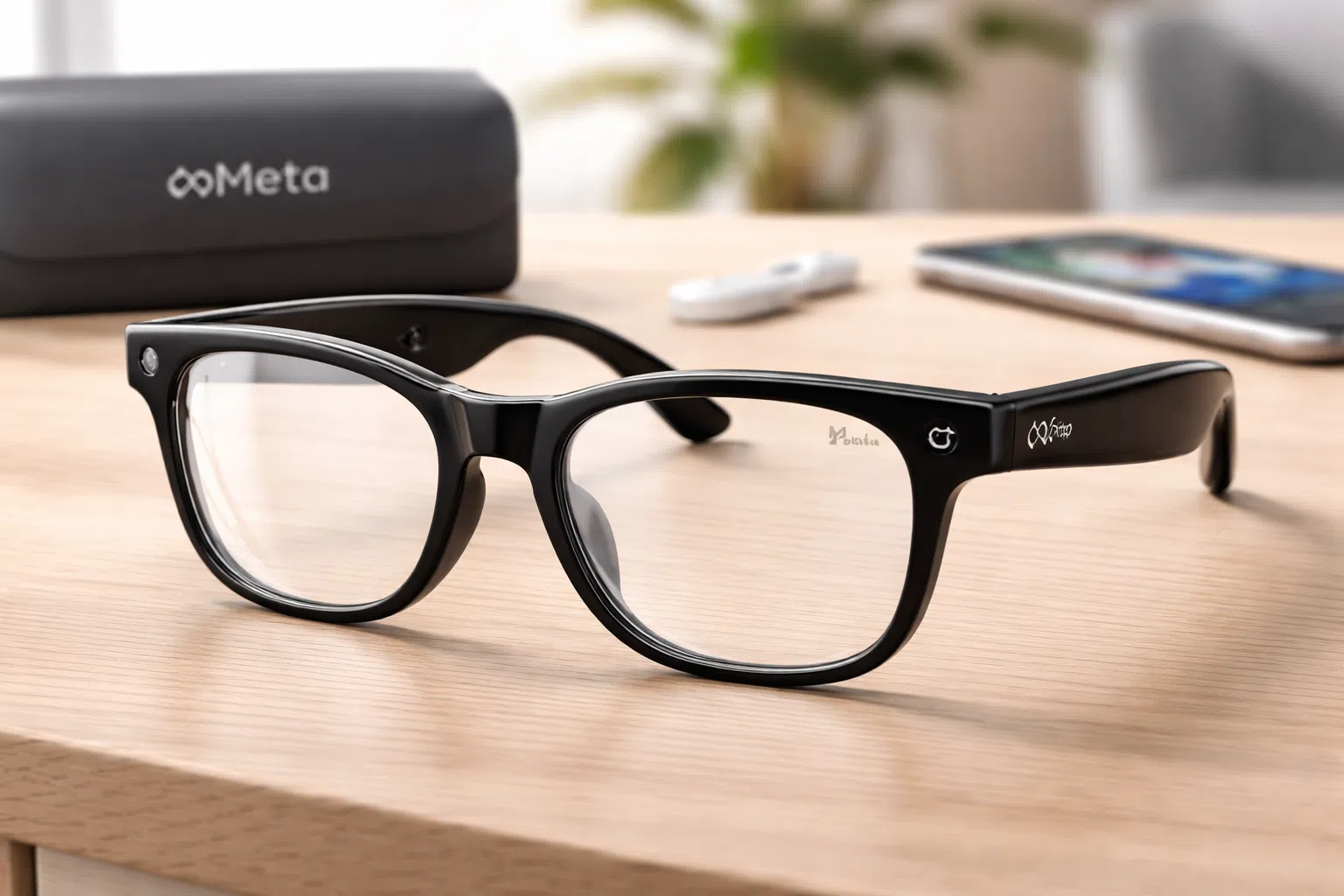 Paire de lunettes connectées de style Ray-Ban posée sur une table en bois