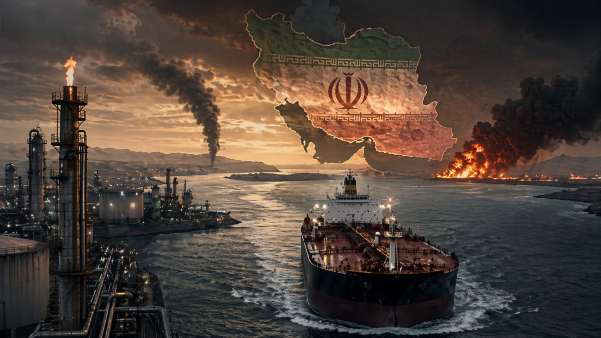 Un pétrolier navigue dans un détroit sous tension, entre installations pétrolières, fumées noires et incendies, avec une représentation visuelle de l’Iran en arrière-plan.