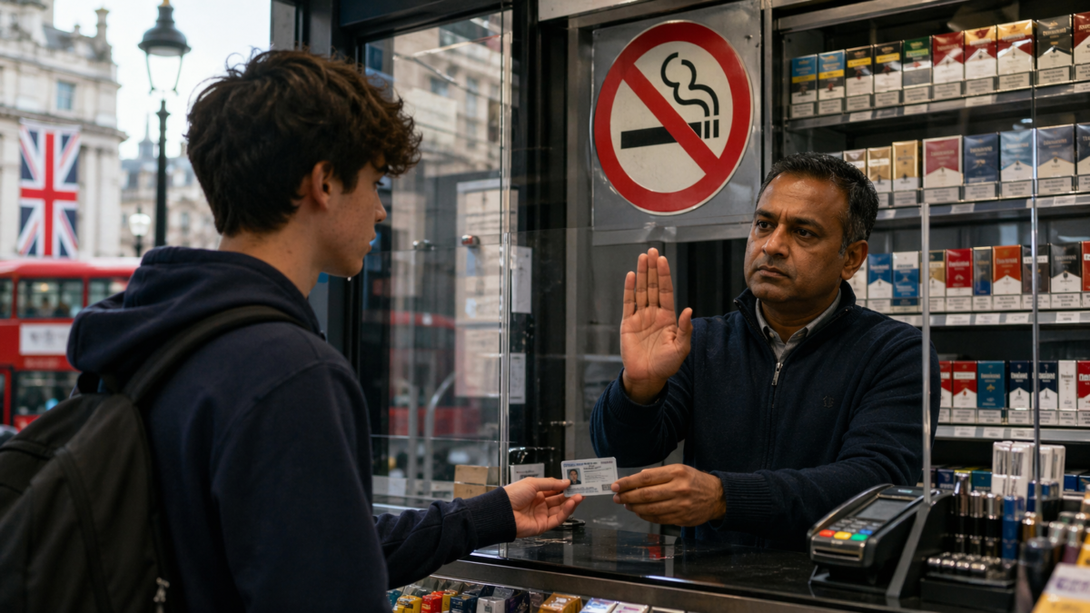 Un jeune client tend une pièce d’identité à un commerçant qui lui refuse l’achat de cigarettes dans un point de vente au Royaume-Uni.