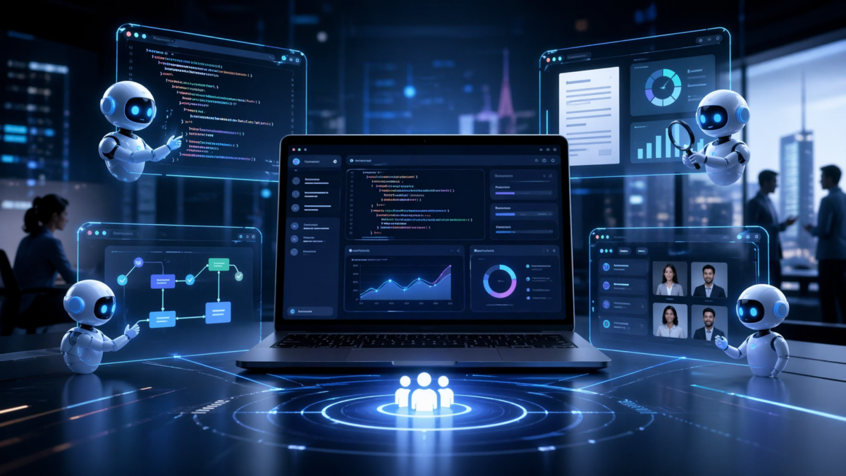 Un ordinateur portable affiche plusieurs interfaces d’agents IA, entouré de panneaux numériques et de robots virtuels dans un espace de travail futuriste.