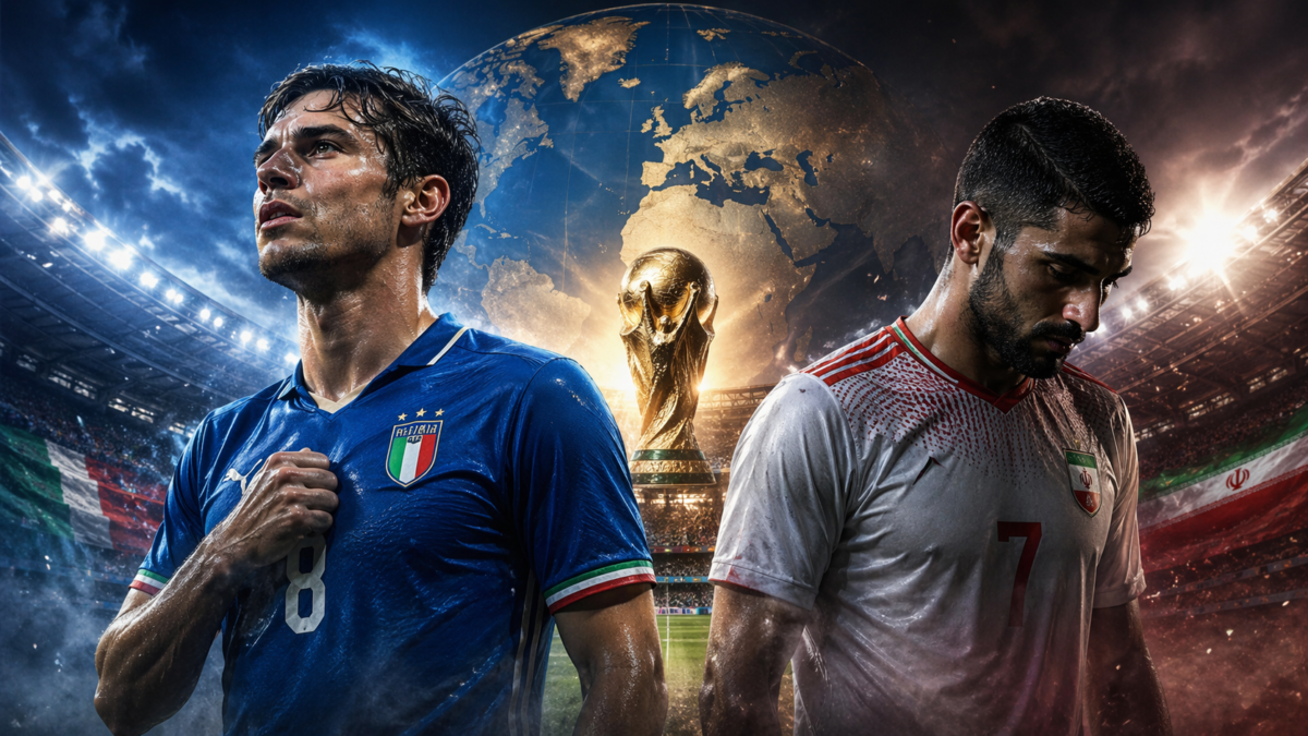 Deux footballeurs aux couleurs de l’Italie et de l’Iran se font face dans un stade, avec un trophée au centre et un globe en arrière-plan.