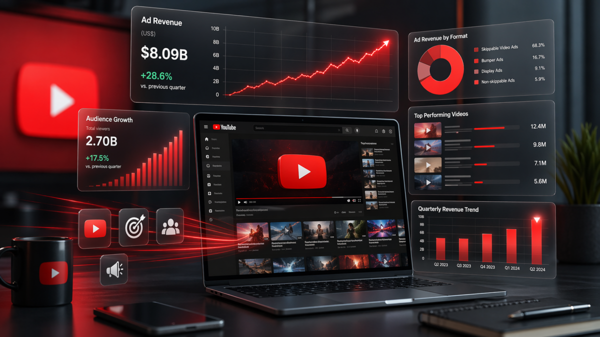 Un ordinateur affiche un tableau de bord inspiré de YouTube, entouré de graphiques de revenus publicitaires, d’audience et de performance vidéo en forte hausse.