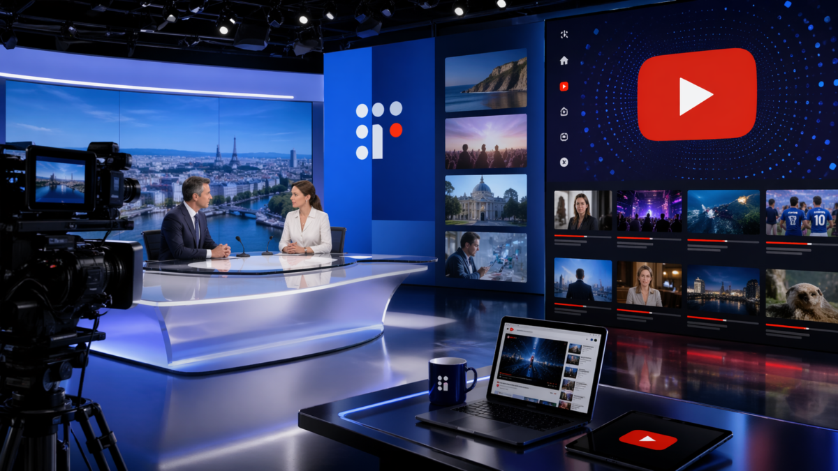 Un plateau de télévision moderne est relié à une grande interface vidéo en ligne, avec caméras, écrans d’actualité et symbole de lecture rouge.
