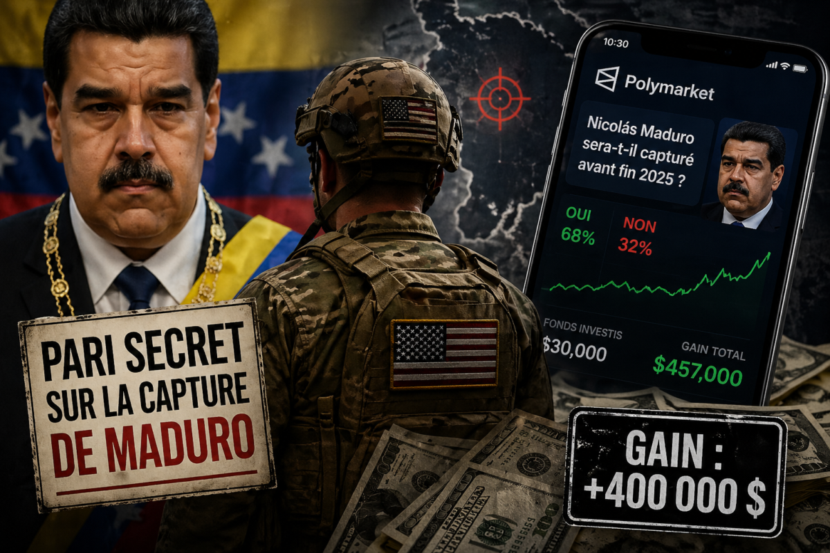 Montage illustrant Nicolás Maduro, un soldat américain et une application de pari en ligne affichant un gain financier important.