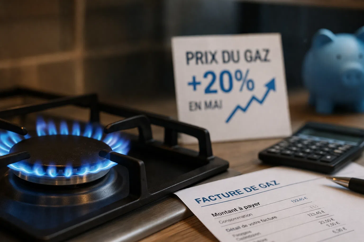 Flamme de gaz allumée sur une cuisinière avec facture et calculatrice posées à côté