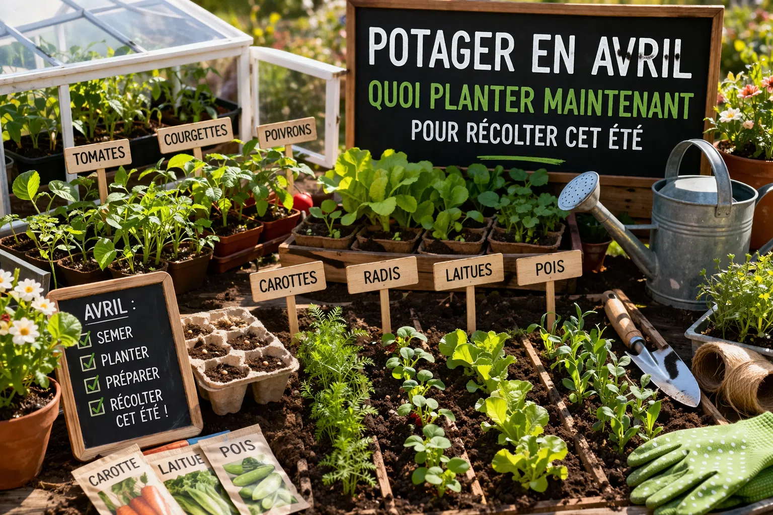 Jeunes semis et plants de légumes installés dans un potager au printemps avec outils de jardinage