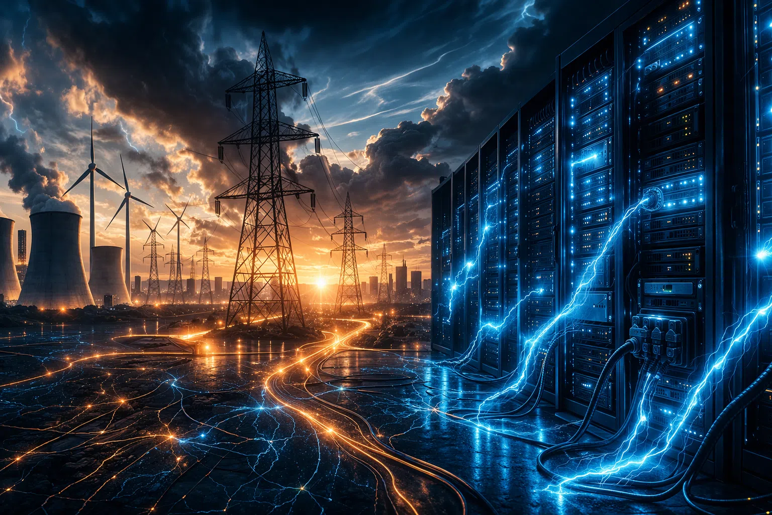 Illustration futuriste d’un data center relié à un réseau électrique à haute tension, avec pylônes, éoliennes et centrales au fond, symbolisant le lien entre IA et consommation d’électricité.