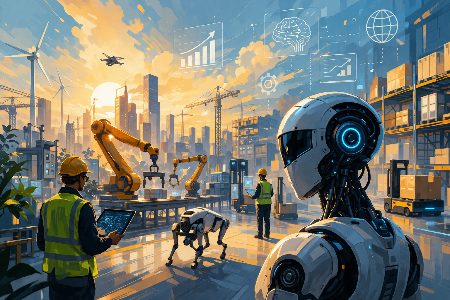 Illustration futuriste d’un site industriel automatisé avec robots humanoïdes, bras robotisés, véhicules autonomes et opérateurs en entrepôt, symbolisant le retour concret de la robotique dans l’économie réelle.