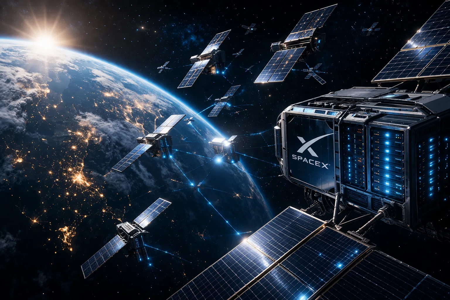 Illustration futuriste de satellites en orbite autour de la Terre, équipés de panneaux solaires et de modules de calcul, évoquant l’idée de data centers spatiaux pour alimenter l’essor de l’IA.