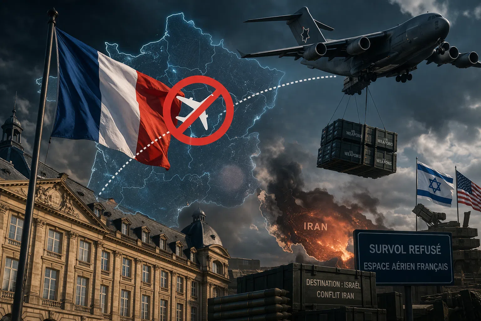 Illustration géopolitique montrant un avion militaire et des cargaisons d’armes face à un drapeau français, avec une carte de la France et une ambiance de crise au Moyen-Orient, pour symboliser le refus de survol accordé à Israël.