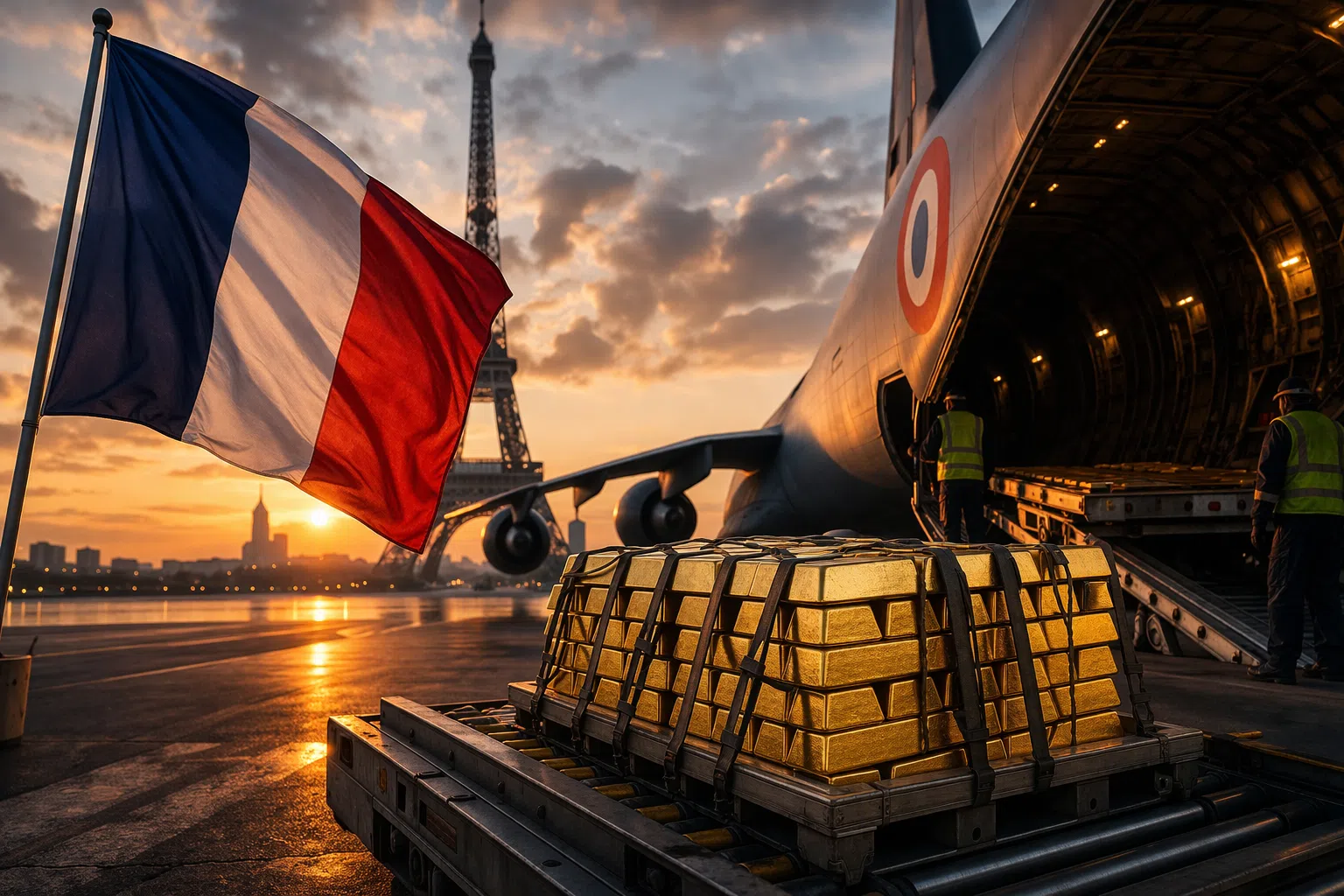 Lingots d’or sur une palette devant un avion cargo avec drapeau français et tour Eiffel en arrière-plan
