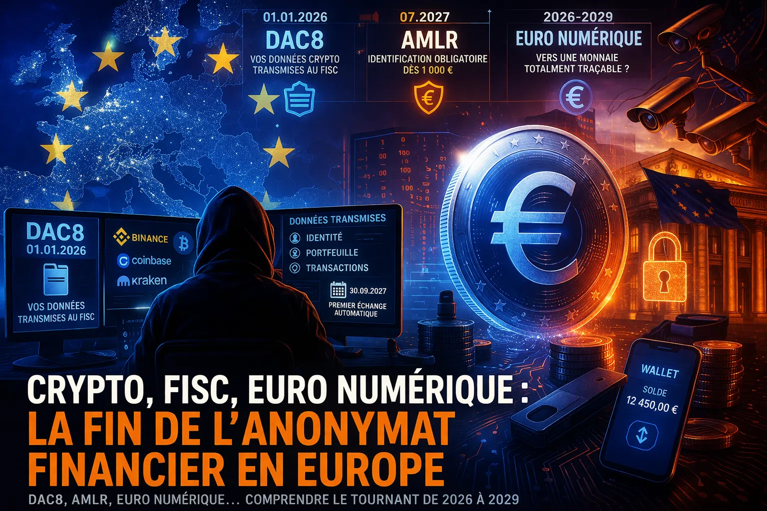 Illustration sur la surveillance financière en Europe, avec crypto, fisc, DAC8, AMLR et euro numérique