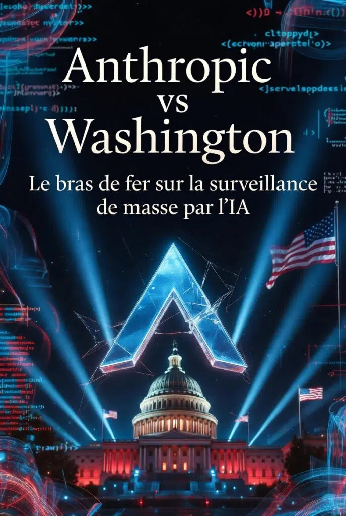 Illustration d’Anthropic face à Washington, avec le Capitole et des codes numériques, pour symboliser le débat sur la surveillance de masse par l’IA