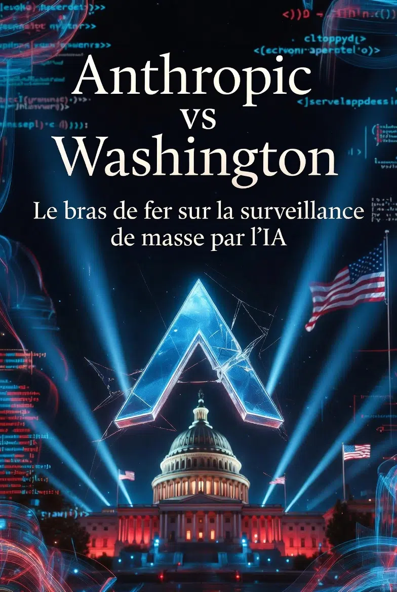 Illustration d’Anthropic face à Washington, avec le Capitole et des codes numériques, pour symboliser le débat sur la surveillance de masse par l’IA