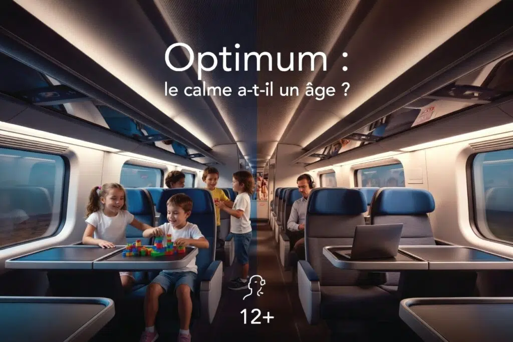 Intérieur de train illustrant l’offre Optimum avec voyageurs adultes d’un côté et enfants visibles dans l’allée, accompagné d’un message sur l’âge minimum