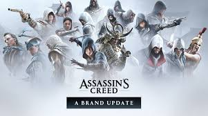 Visuel promotionnel d’Assassin’s Creed réunissant plusieurs personnages emblématiques de la franchise autour du logo de la série.