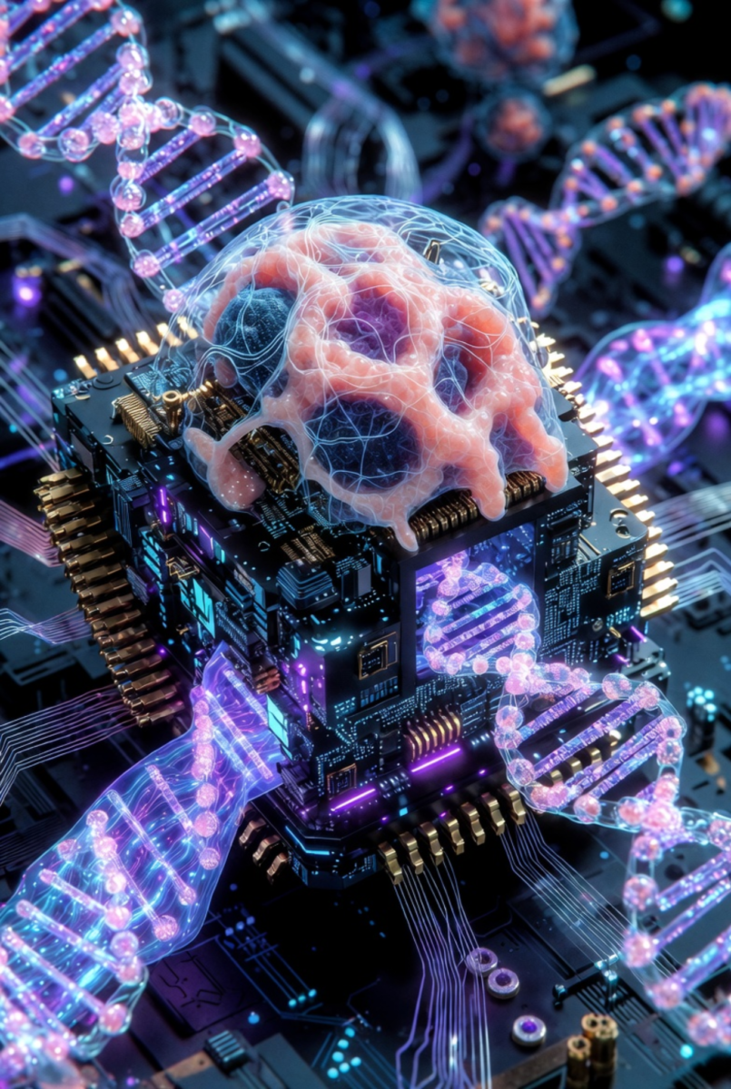 Illustration futuriste du biocomputing, montrant une structure biologique de type cerveau reliée à des circuits électroniques et à des brins d’ADN