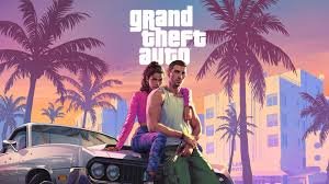 Visuel promotionnel de GTA 6 montrant les deux personnages principaux devant une voiture, dans une ambiance néon inspirée de Vice City