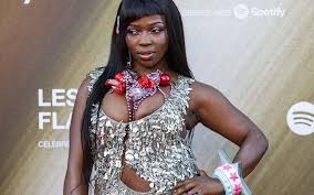 Theodora pose sur le tapis rouge des Flammes dans une tenue scintillante, devant un fond officiel de la cérémonie.