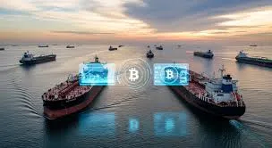 Illustration de pétroliers dans le détroit d’Ormuz avec des symboles bitcoin, évoquant un péage crypto sur le pétrole